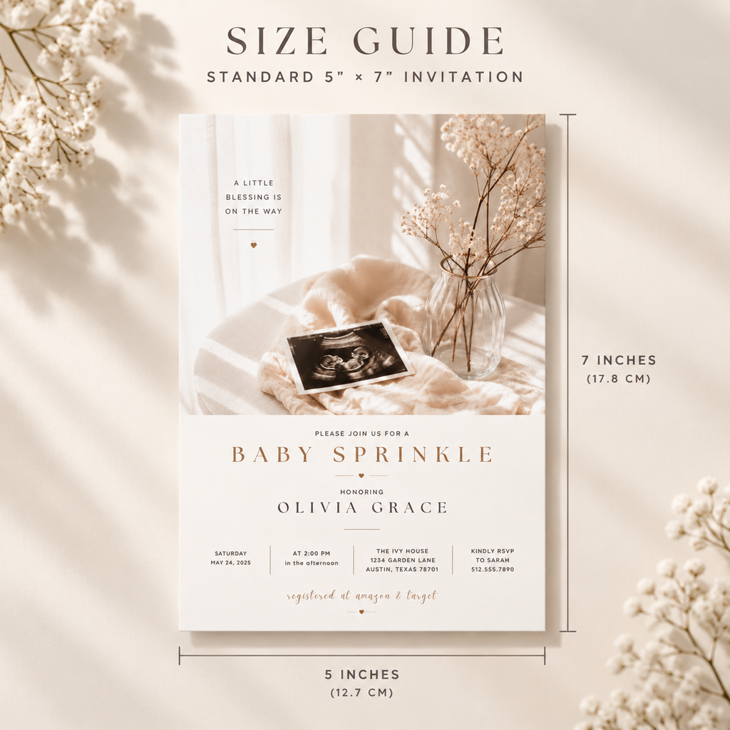Size: Baby Sprinkle Invitation Cream and Rose Gold, 5x7 inch size guide