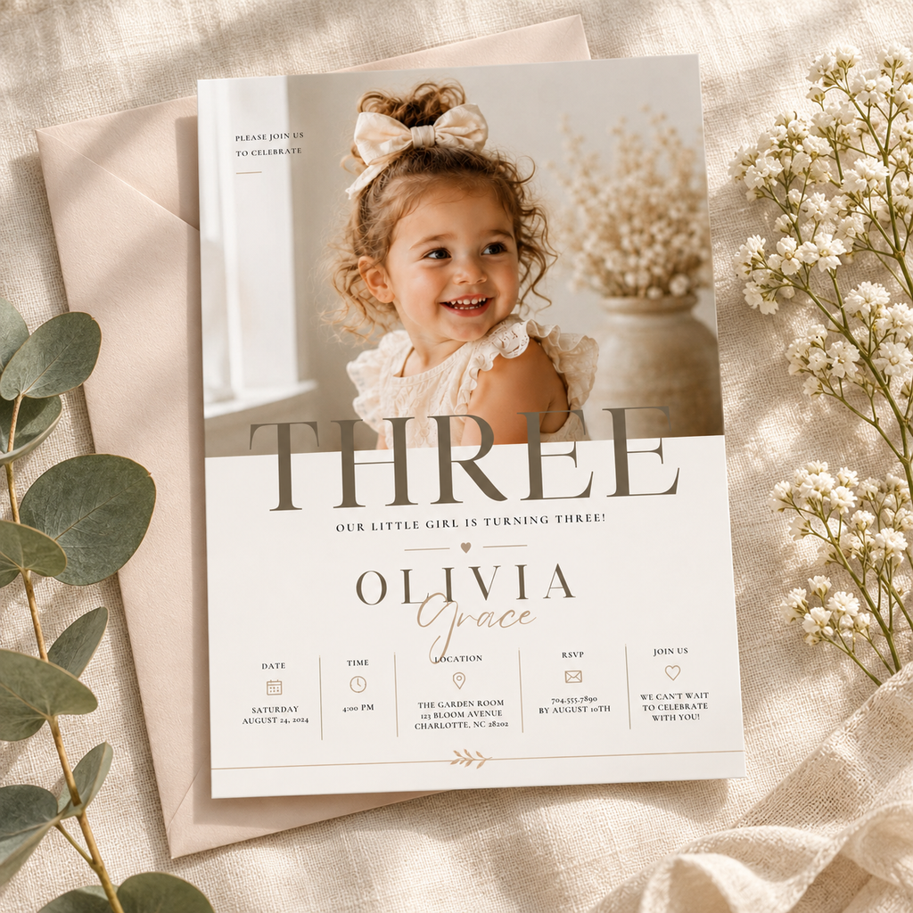 Hero: Little Baby 3 Year Old Party Invite, sweet editable Canva invitation