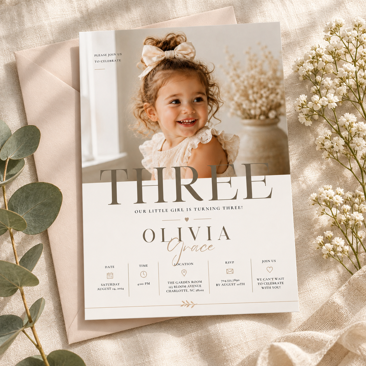 Hero: Little Baby 3 Year Old Party Invite, sweet editable Canva invitation