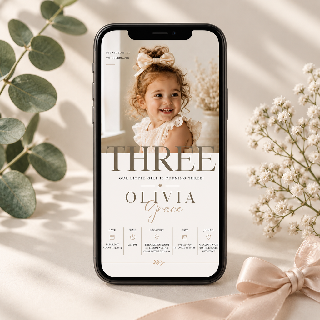 Phone: Little Baby 3 Year Old Party Invite shown on a phone screen