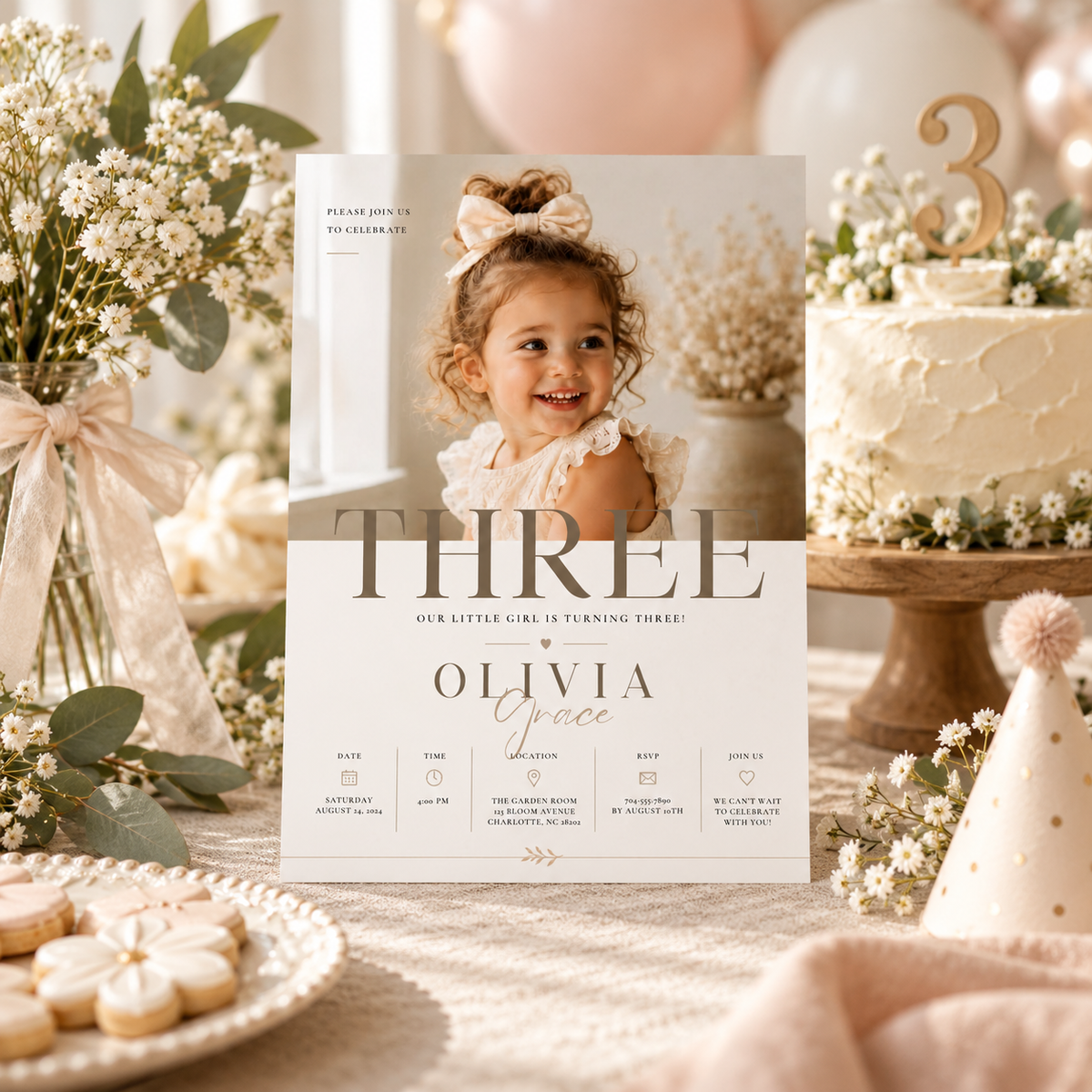Styled: Little Baby 3 Year Old Party Invite in a cute third birthday party setting