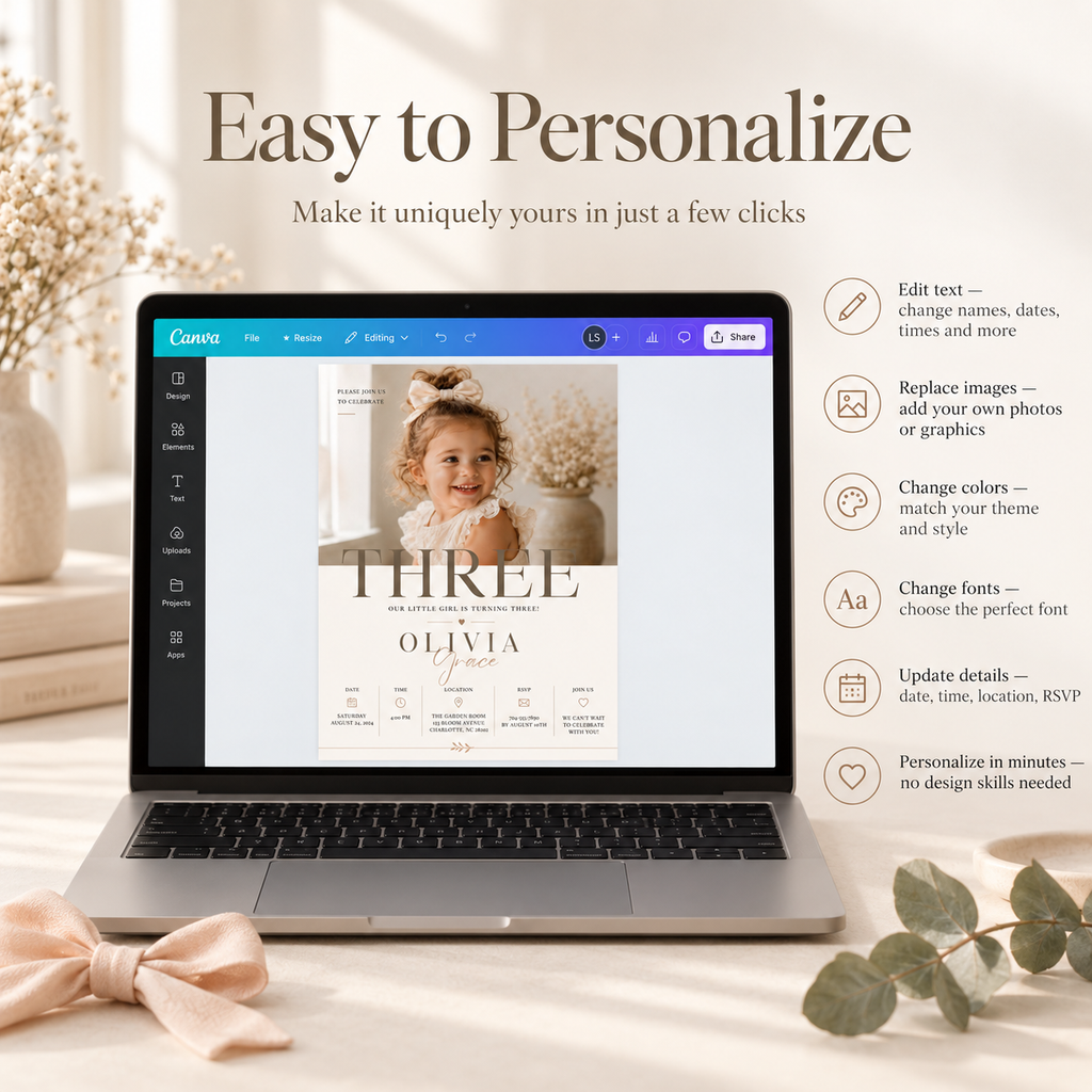 Easy to Personalize: Editing the Little Baby 3 Year Old Party Invite in Canva