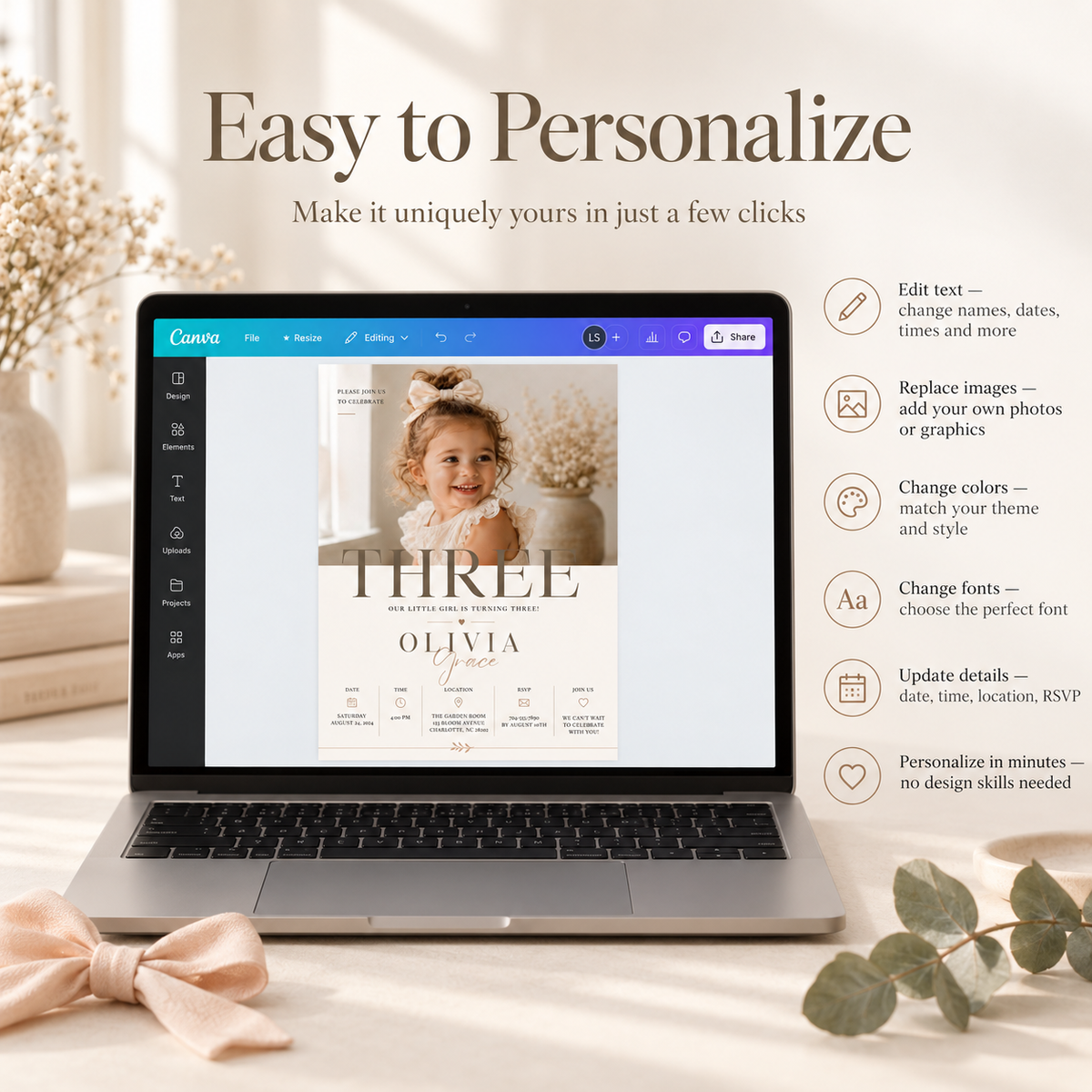 Easy to Personalize: Editing the Little Baby 3 Year Old Party Invite in Canva