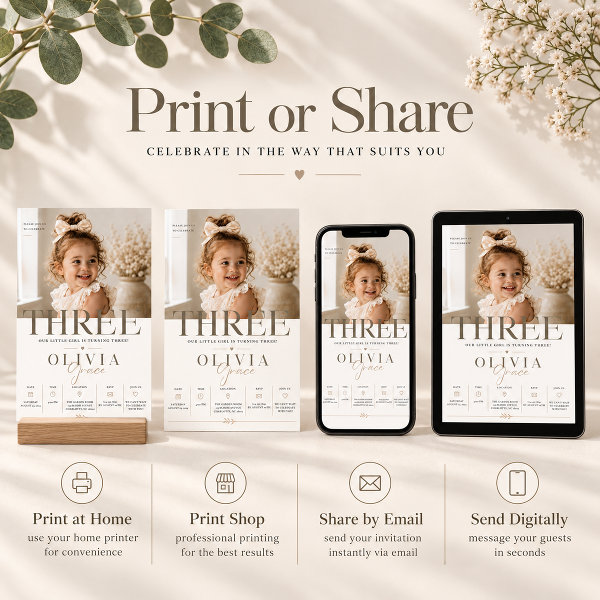 Print or Share: Little Baby 3 Year Old Party Invite, print at home or share digitally