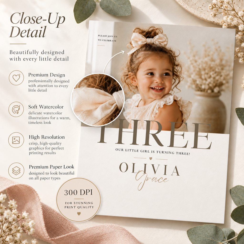 Close-up: Close-up detail of the Little Baby 3 Year Old Party Invite design