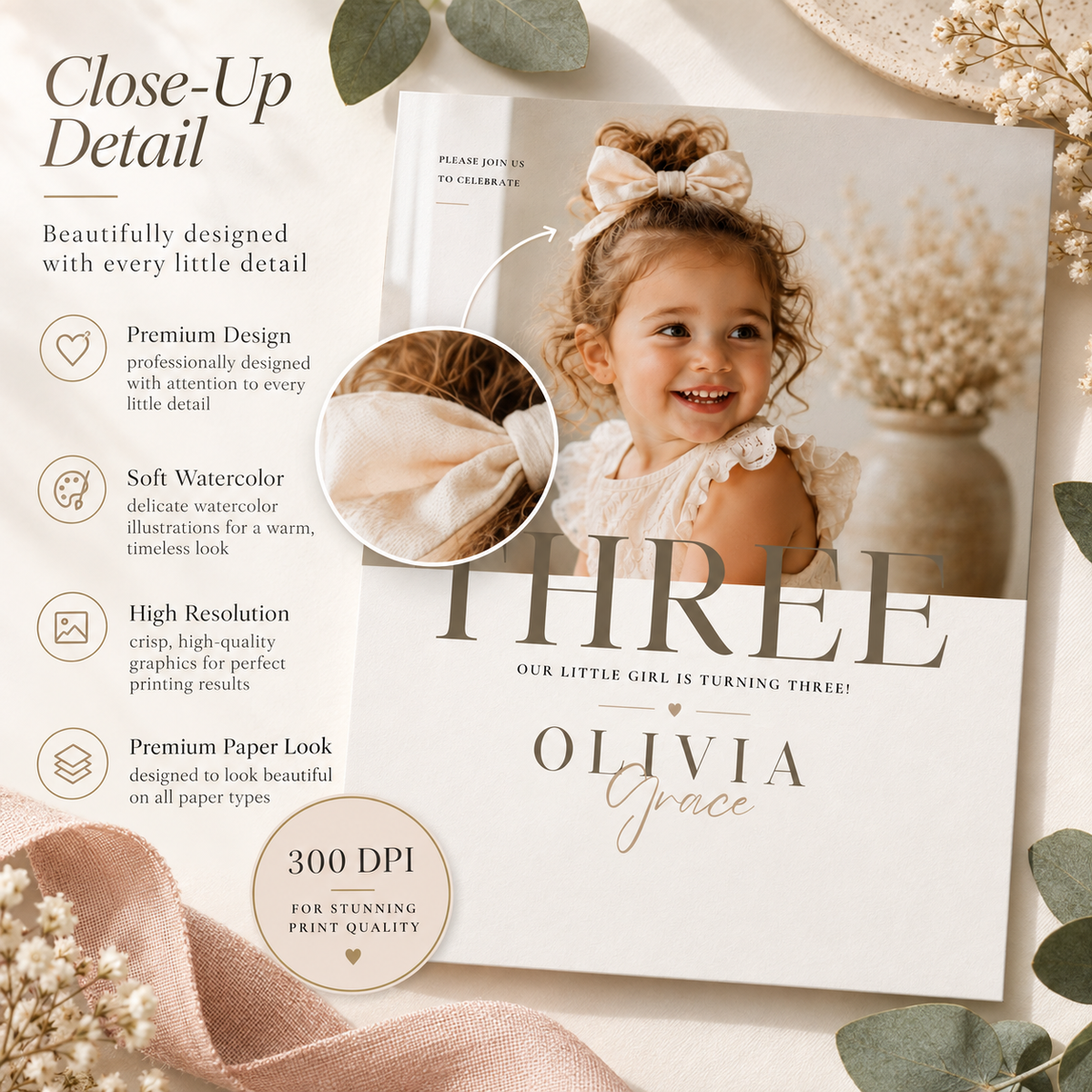 Close-up: Close-up detail of the Little Baby 3 Year Old Party Invite design