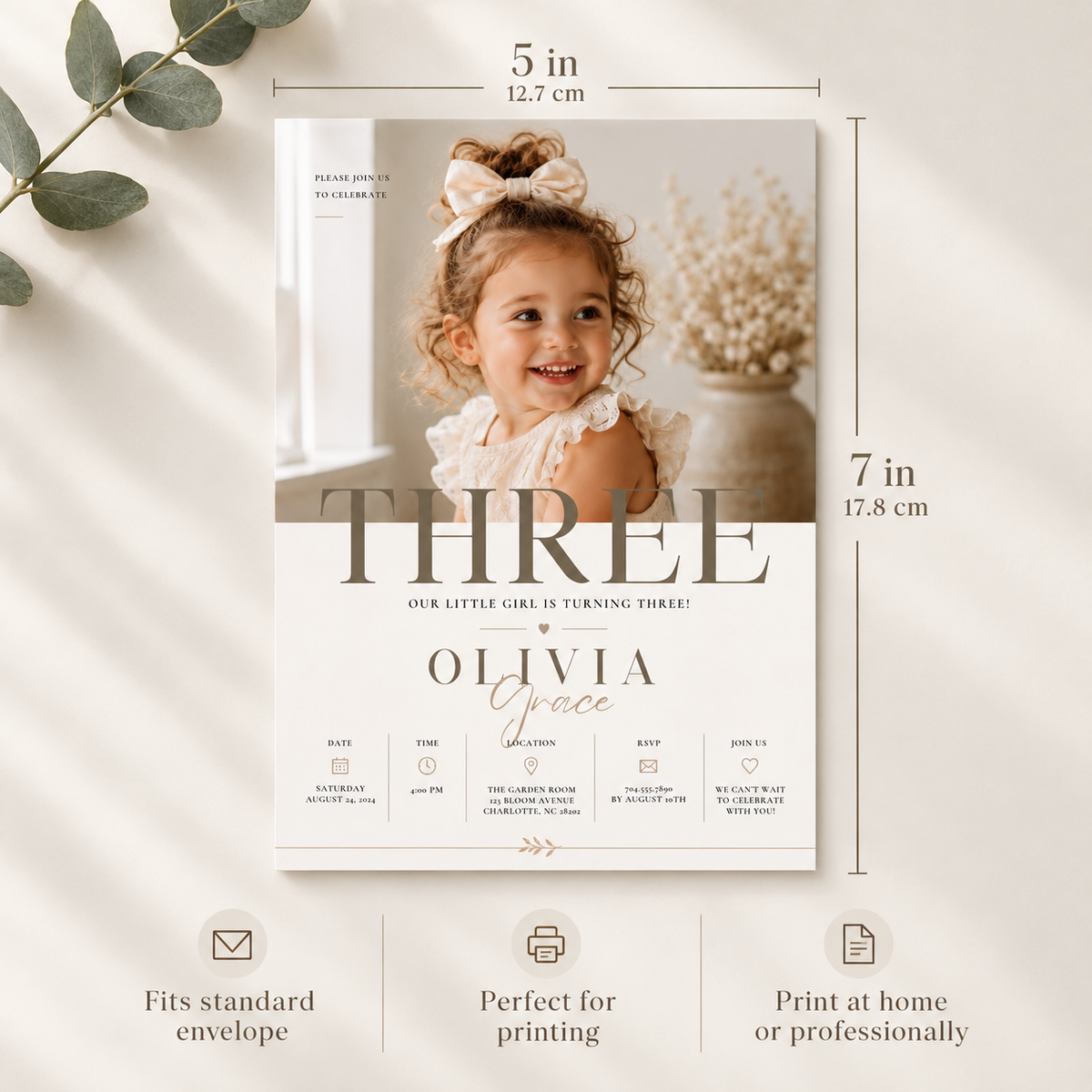 1. Size: Little Baby 3 Year Old Party Invite, 5x7 inch size guide