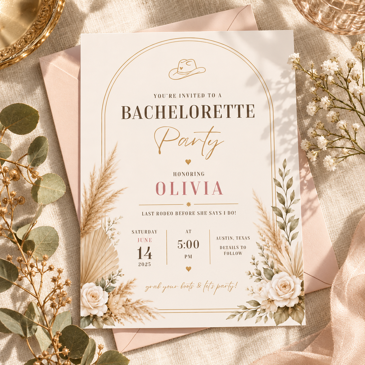 Hero: Bachelorette Party Invitation – Beige and Gold, elegant editable Canva invitation