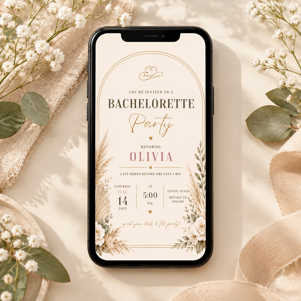 Phone: Bachelorette Party Invitation Beige and Gold shown on a phone screen
