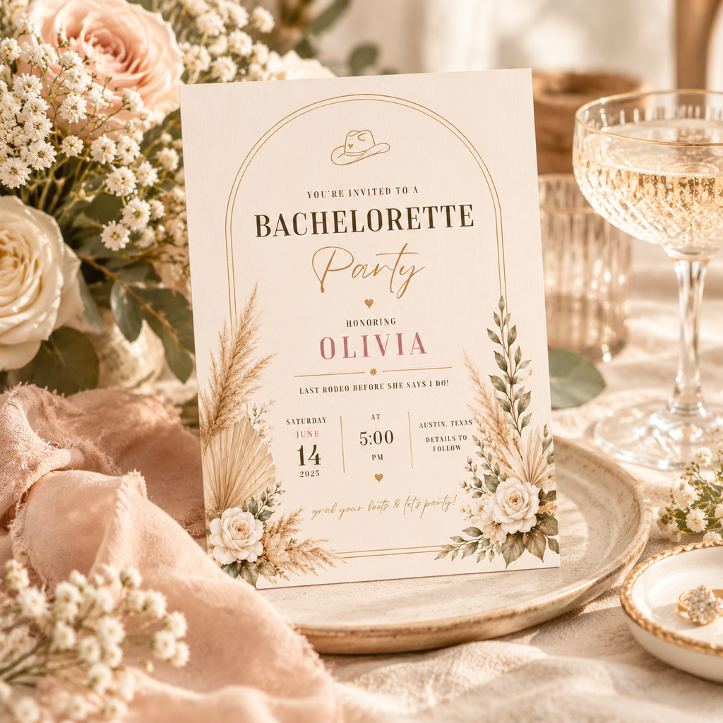 Styled: Bachelorette Party Invitation Beige and Gold in a chic bachelorette celebration setting