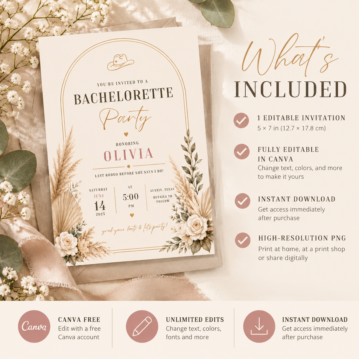 What’s Included: What’s included with the Bachelorette Party Invitation Beige and Gold