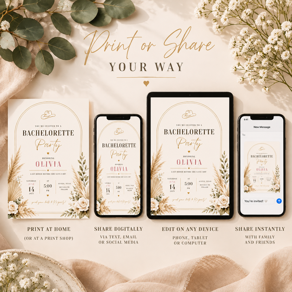 Print or Share: Bachelorette Party Invitation Beige and Gold, print at home or share digitally