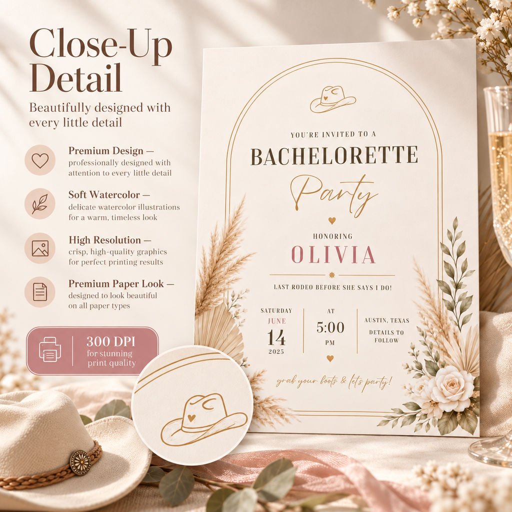 Close-up: Close-up detail of the Bachelorette Party Invitation Beige and Gold design