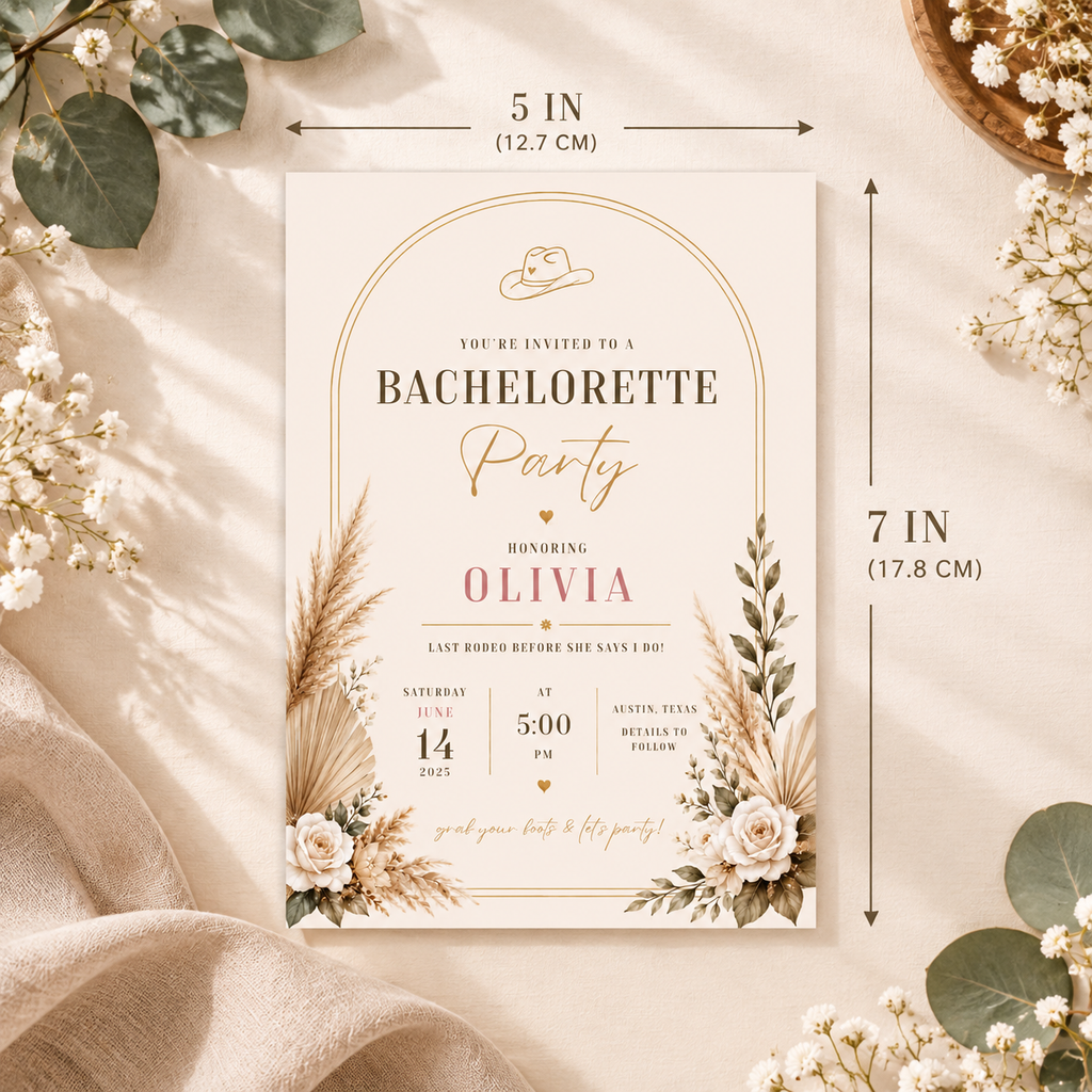 Size: Bachelorette Party Invitation Beige and Gold, 5x7 inch size guide