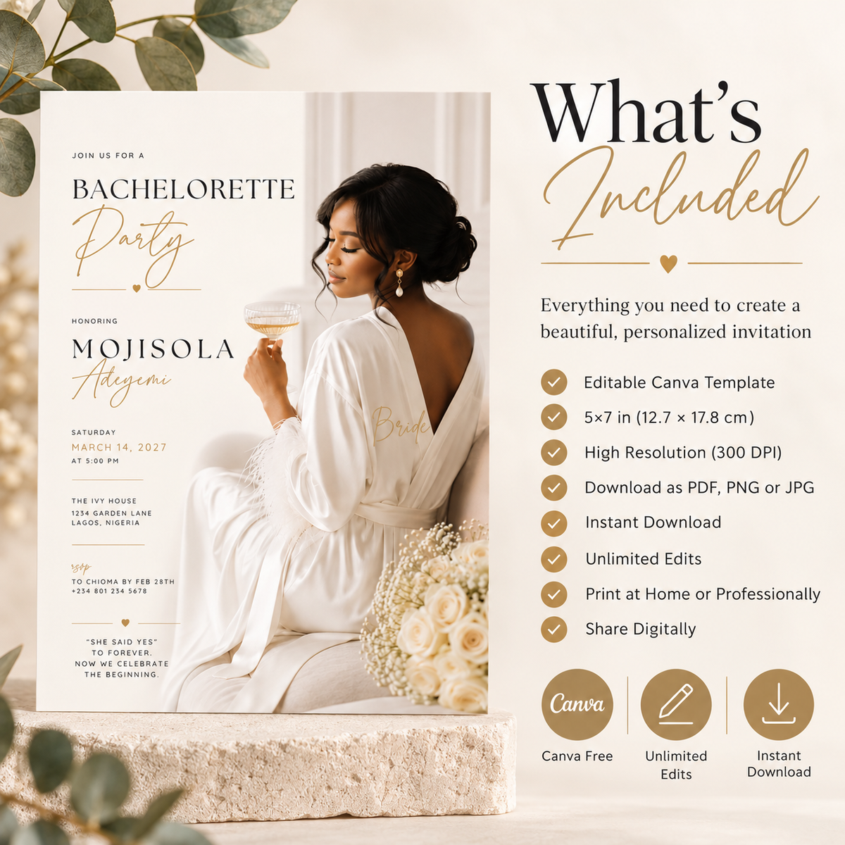 Bachelorette Party Invitation - Cream and Gold