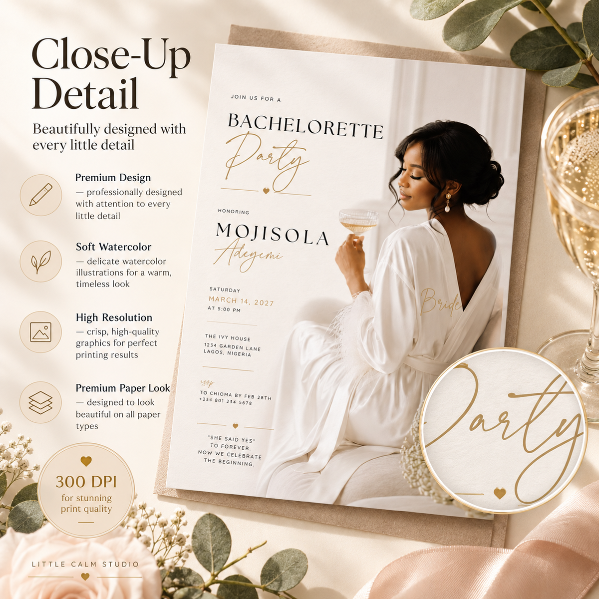 Bachelorette Party Invitation - Cream and Gold