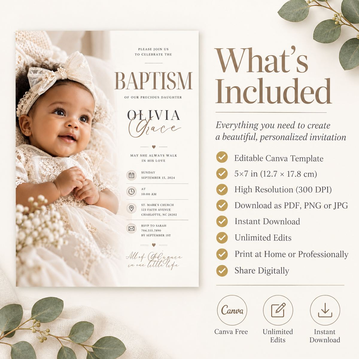 Baptism and Christening Invitation - Cream