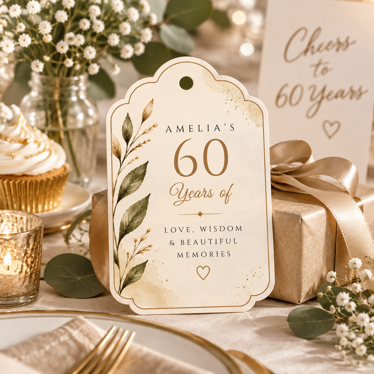 60th Birthday Party Favor Tag Template - Cream & Gold