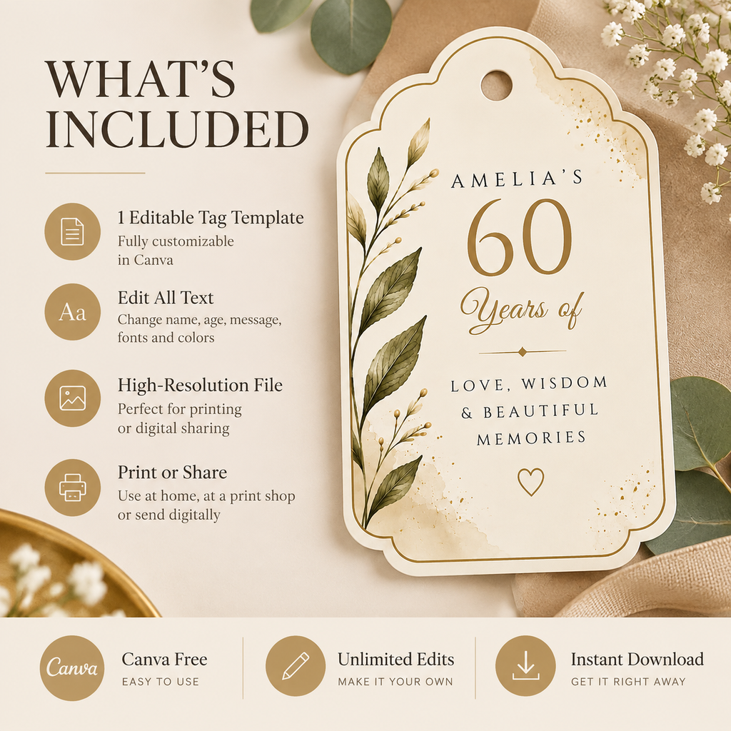 60th Birthday Party Favor Tag Template - Cream & Gold