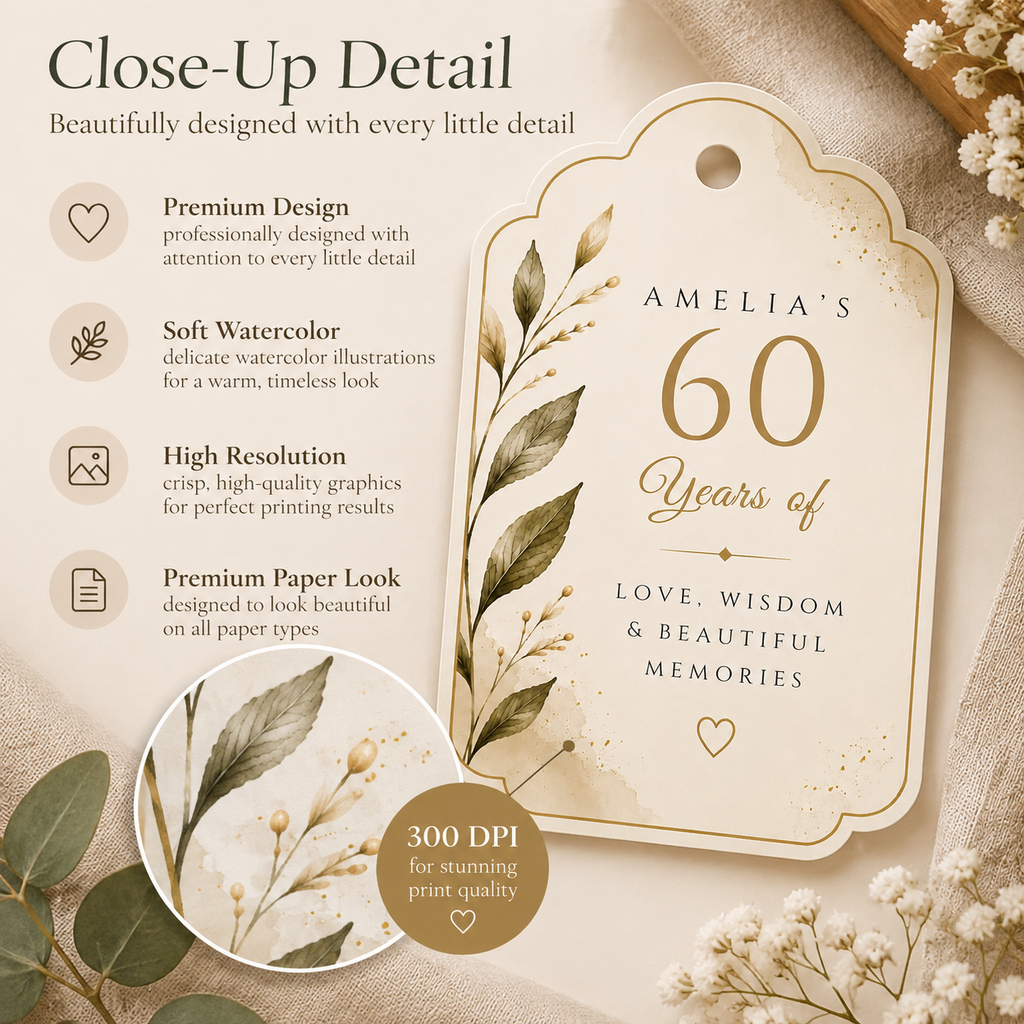 60th Birthday Party Favor Tag Template - Cream & Gold