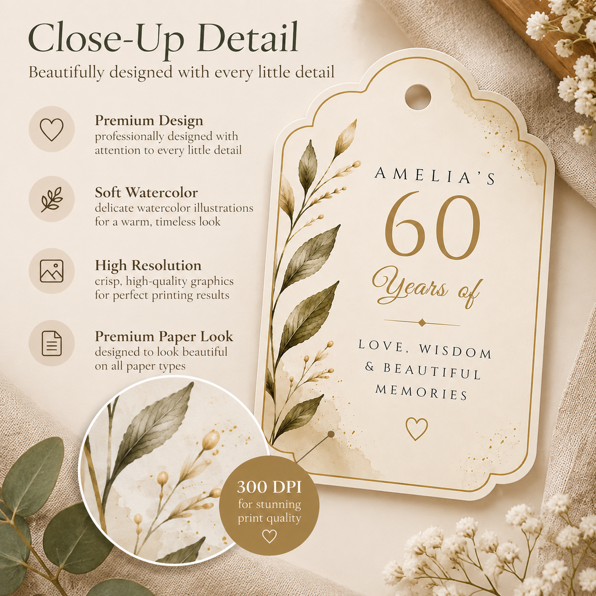 60th Birthday Party Favor Tag Template - Cream & Gold
