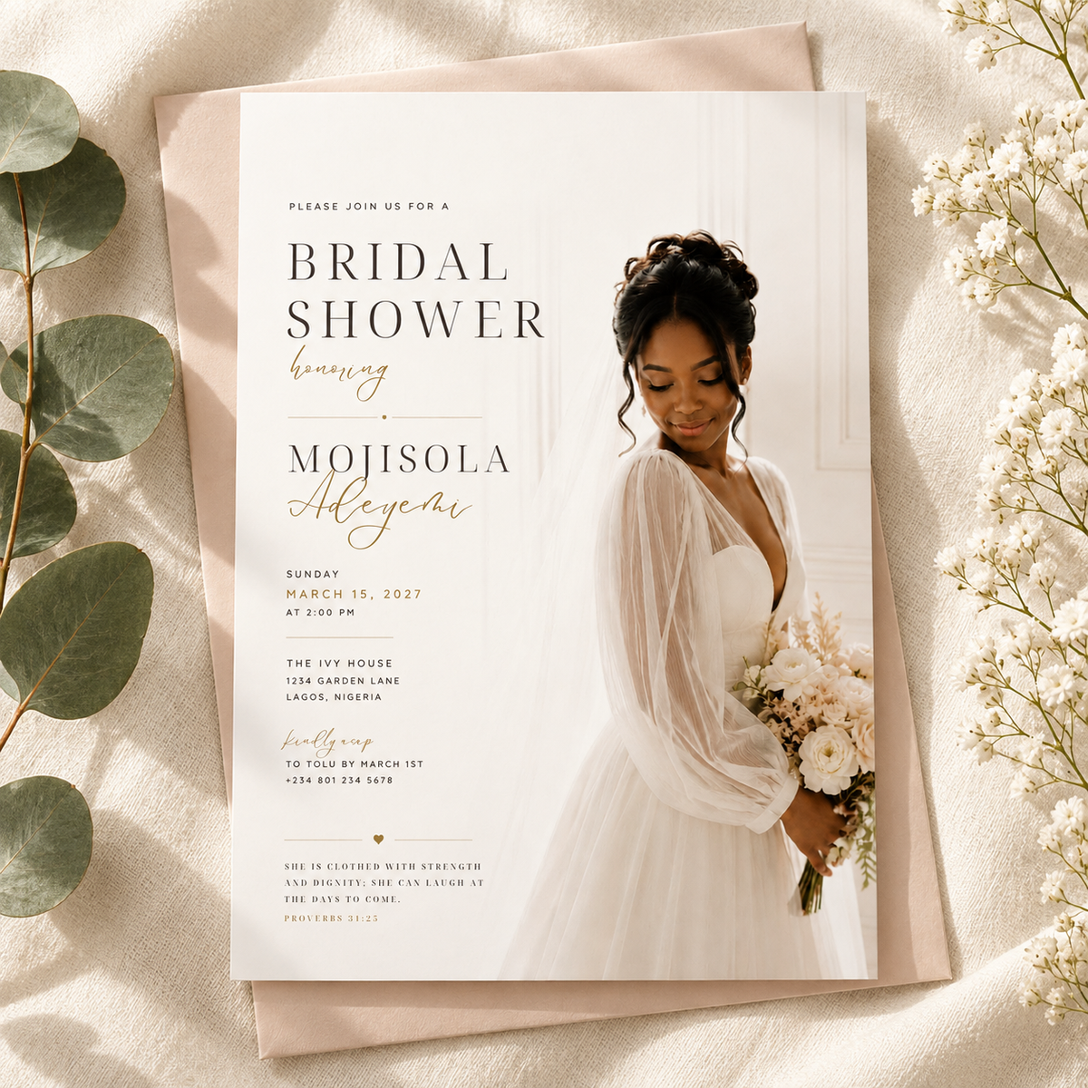 Bridal Shower Invitation - Beige & Gold