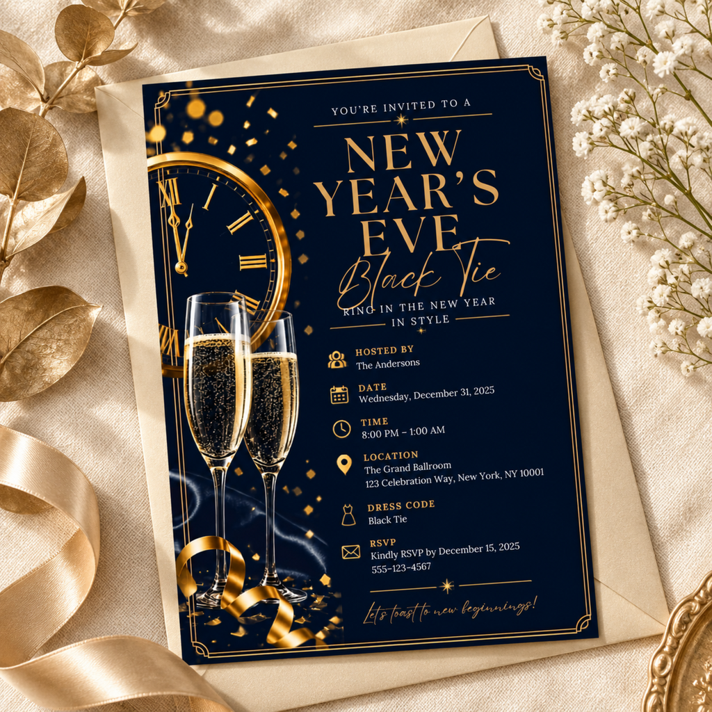 New Year’s Eve Black Tie Invitation – Navy Gold Silver
