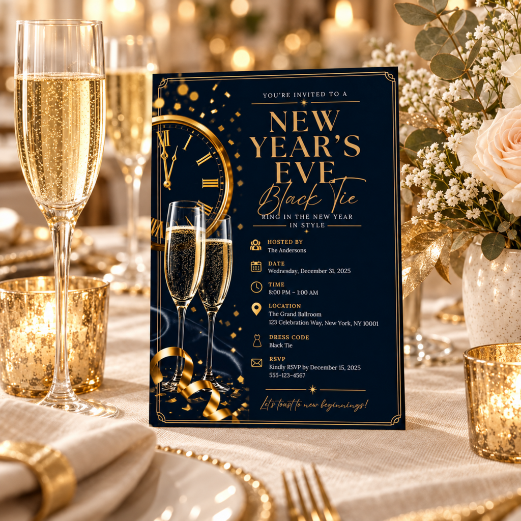 New Year’s Eve Black Tie Invitation – Navy Gold Silver