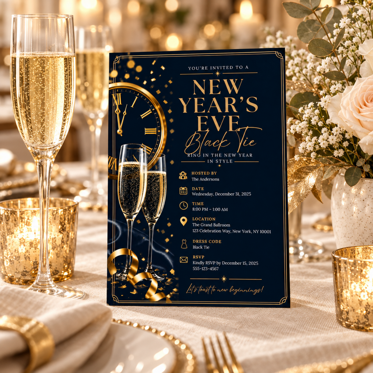 New Year’s Eve Black Tie Invitation – Navy Gold Silver