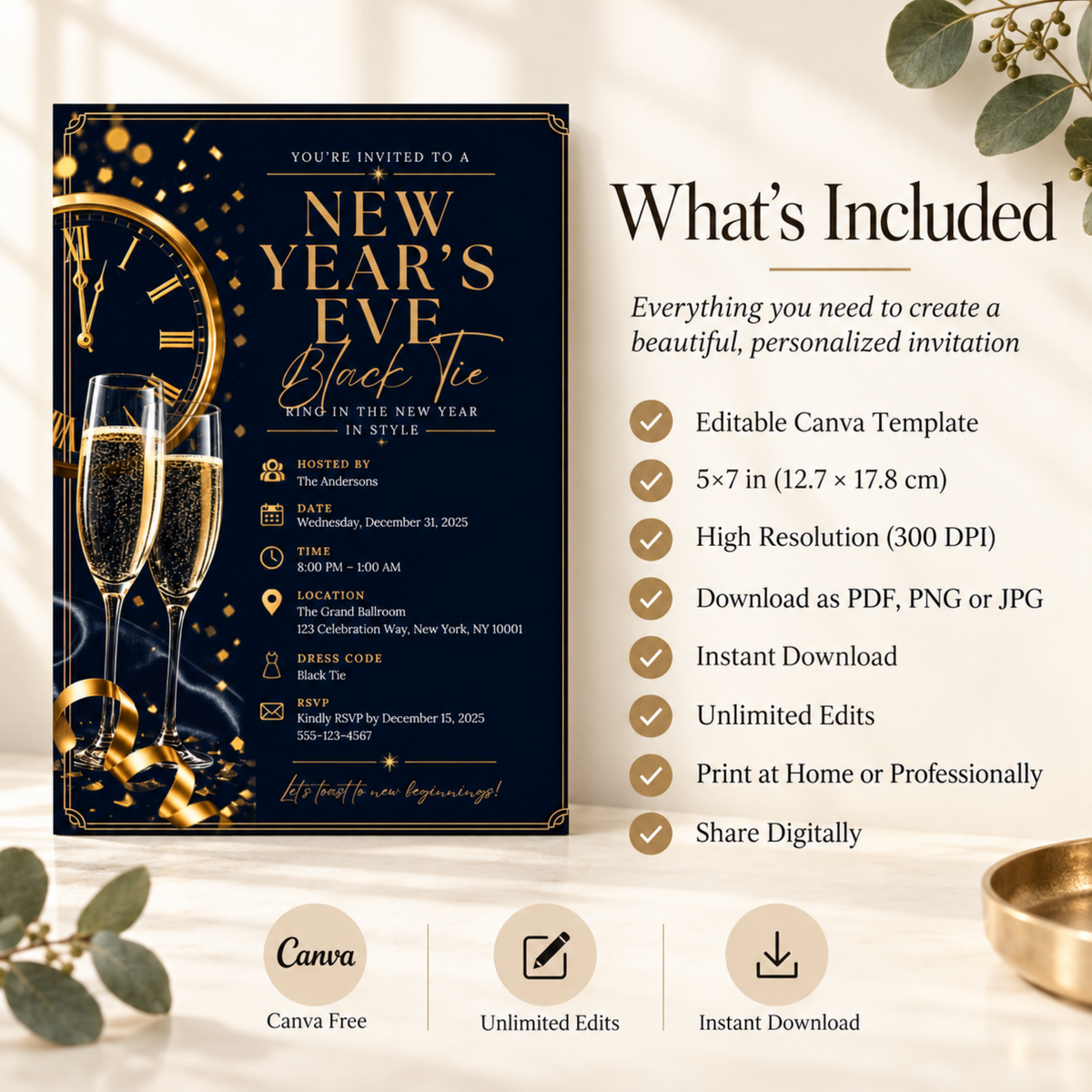 New Year’s Eve Black Tie Invitation – Navy Gold Silver
