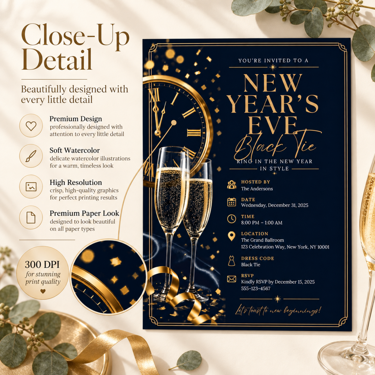 New Year’s Eve Black Tie Invitation – Navy Gold Silver