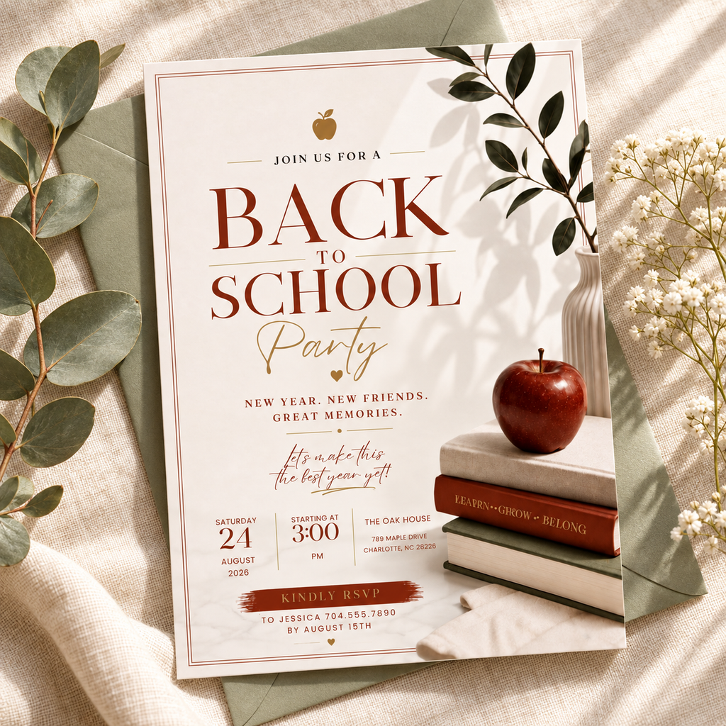 Hero: Back To School Party Invitation – Burgundy and Cream, stylish editable Canva invitation