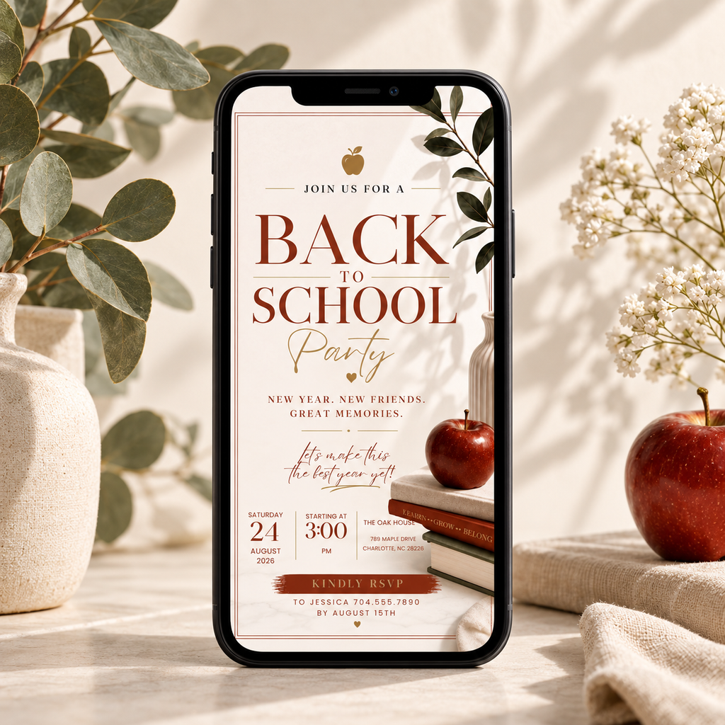 Phone: Back To School Party Invitation Burgundy and Cream shown on a phone screen