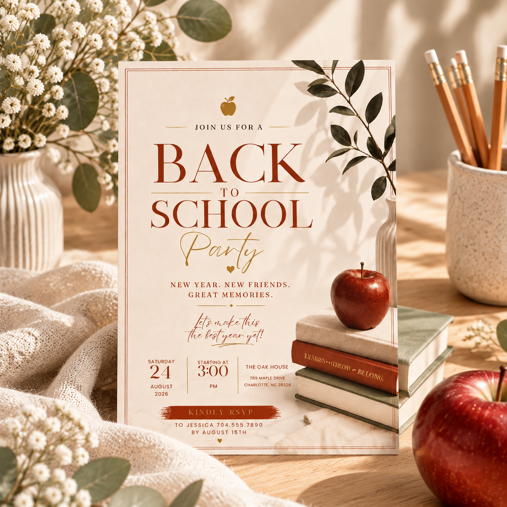Styled: Back To School Party Invitation Burgundy and Cream in a fun back to school celebration setting