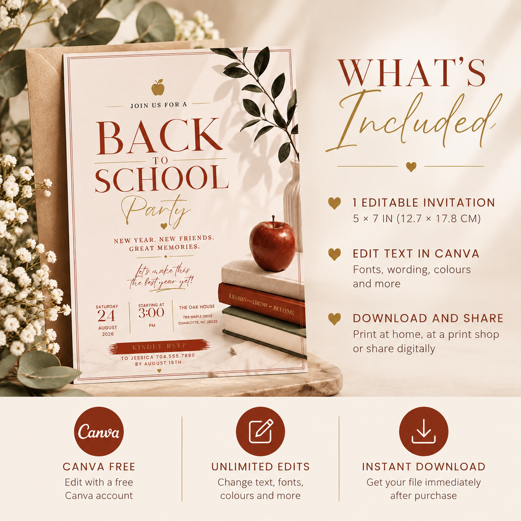 What’s Included: What’s included with the Back To School Party Invitation Burgundy and Cream