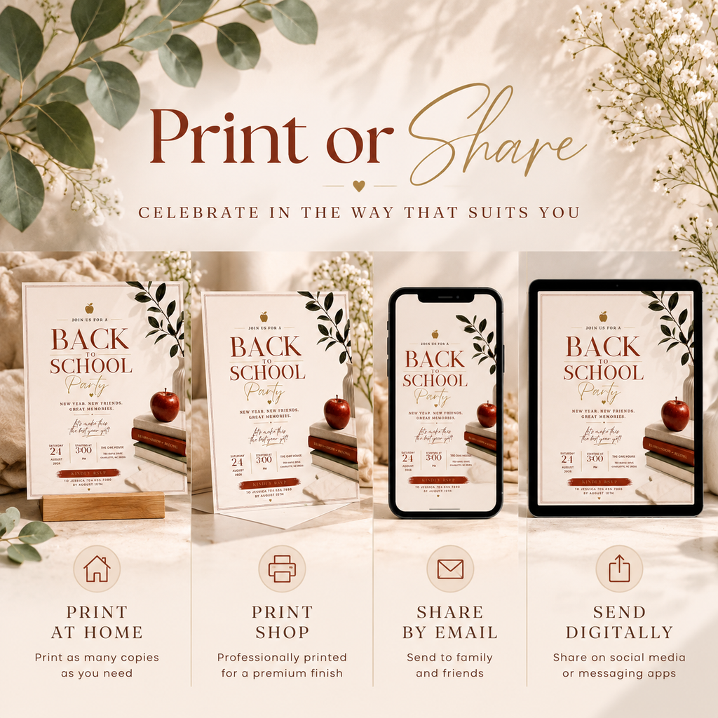 Print or Share: Back To School Party Invitation Burgundy and Cream, print at home or share digitally