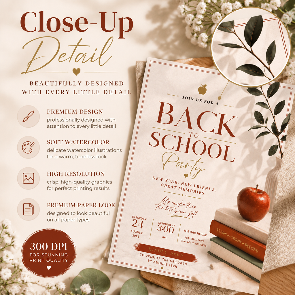 Close-up: Close-up detail of the Back To School Party Invitation Burgundy and Cream design