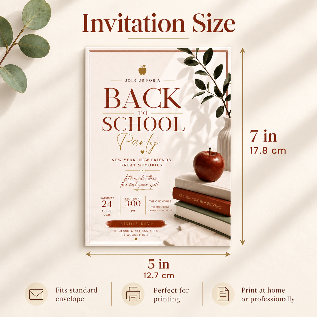 Size: Back To School Party Invitation Burgundy and Cream, 5x7 inch size guide