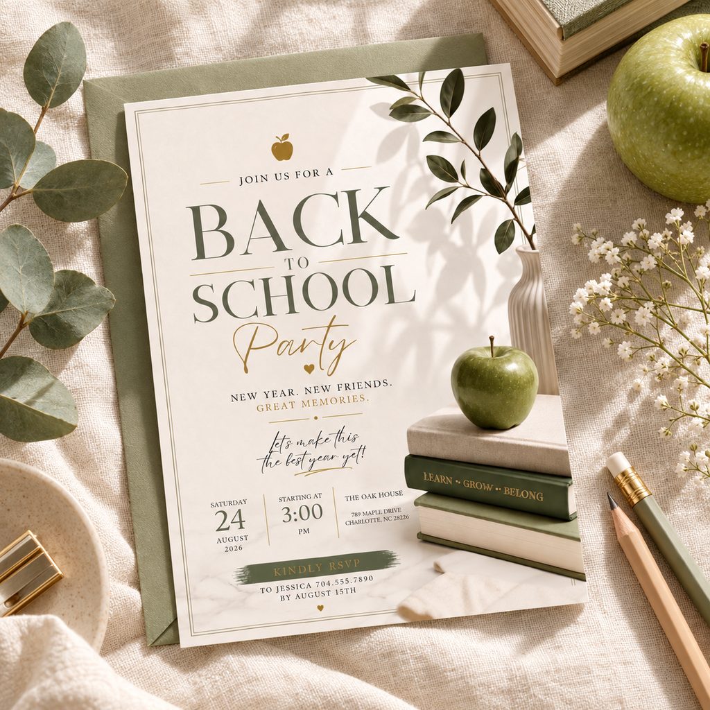 Hero: Back To School Party Invitation – Sage and Cream, stylish editable Canva invitation