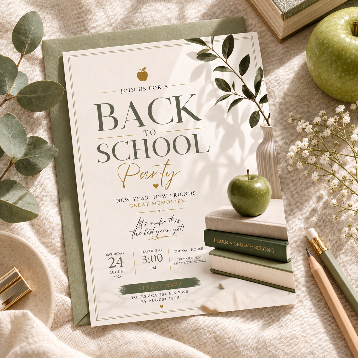 Hero: Back To School Party Invitation – Sage and Cream, stylish editable Canva invitation