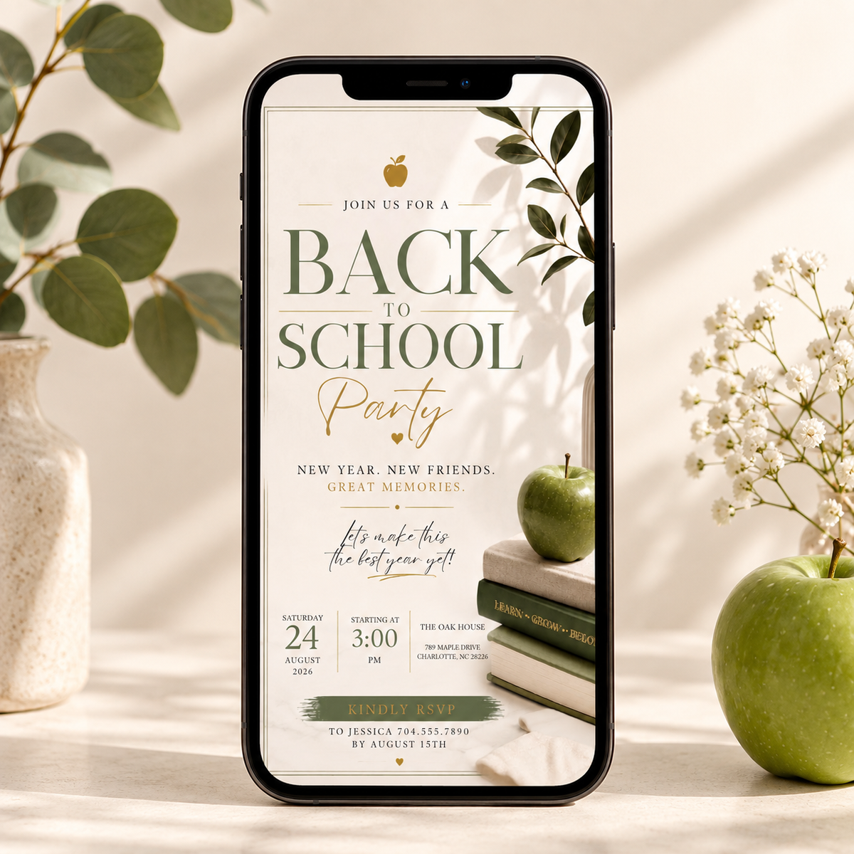 Phone: Back To School Party Invitation Sage and Cream shown on a phone screen
