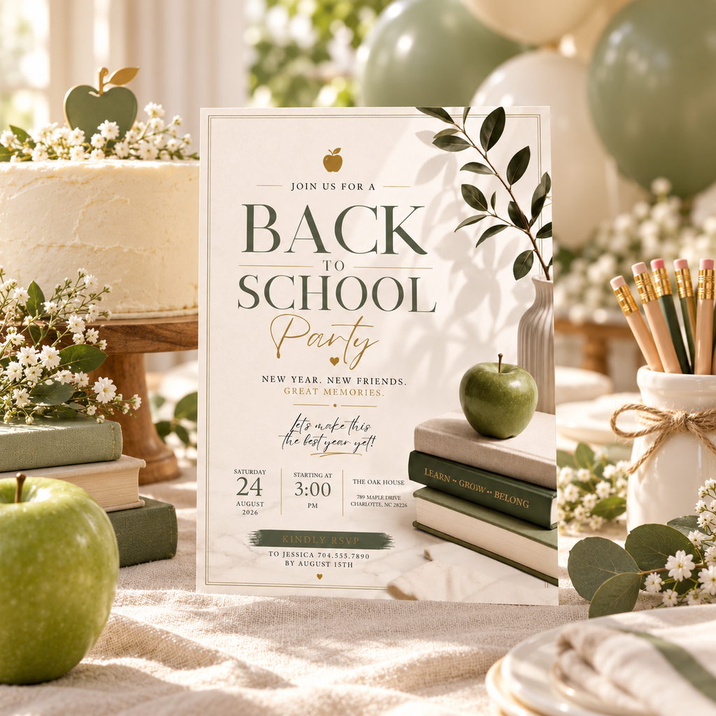 Styled: Back To School Party Invitation Sage and Cream in a fun back to school celebration setting
