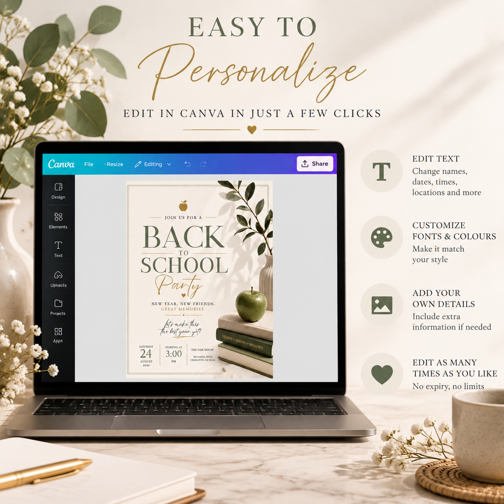Easy to Personalize: Editing the Back To School Party Invitation Sage and Cream in Canva