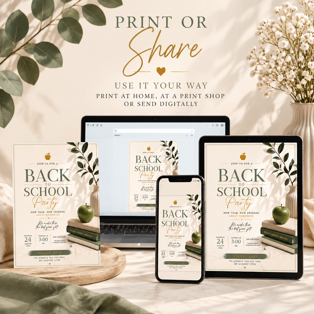 Print or Share: Back To School Party Invitation Sage and Cream, print at home or share digitally