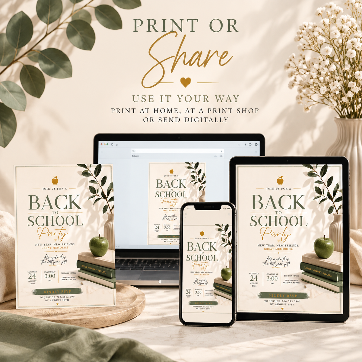 Print or Share: Back To School Party Invitation Sage and Cream, print at home or share digitally
