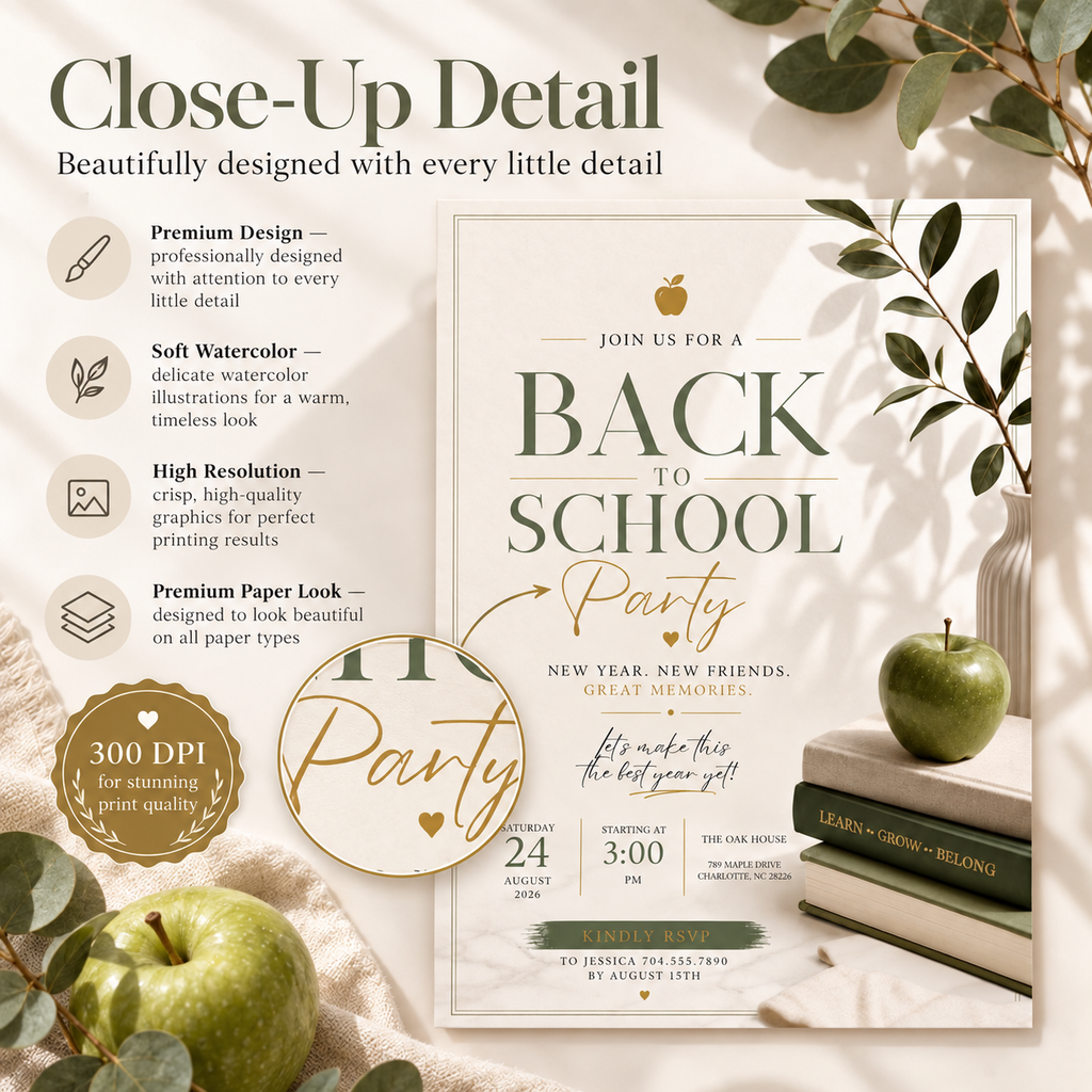 Close-up: Close-up detail of the Back To School Party Invitation Sage and Cream design