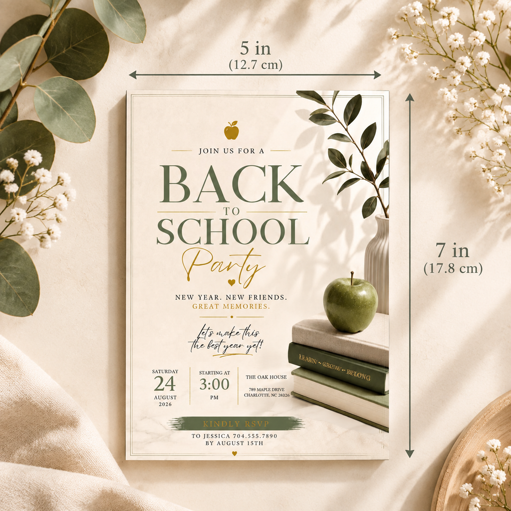 Size: Back To School Party Invitation Sage and Cream, 5x7 inch size guide