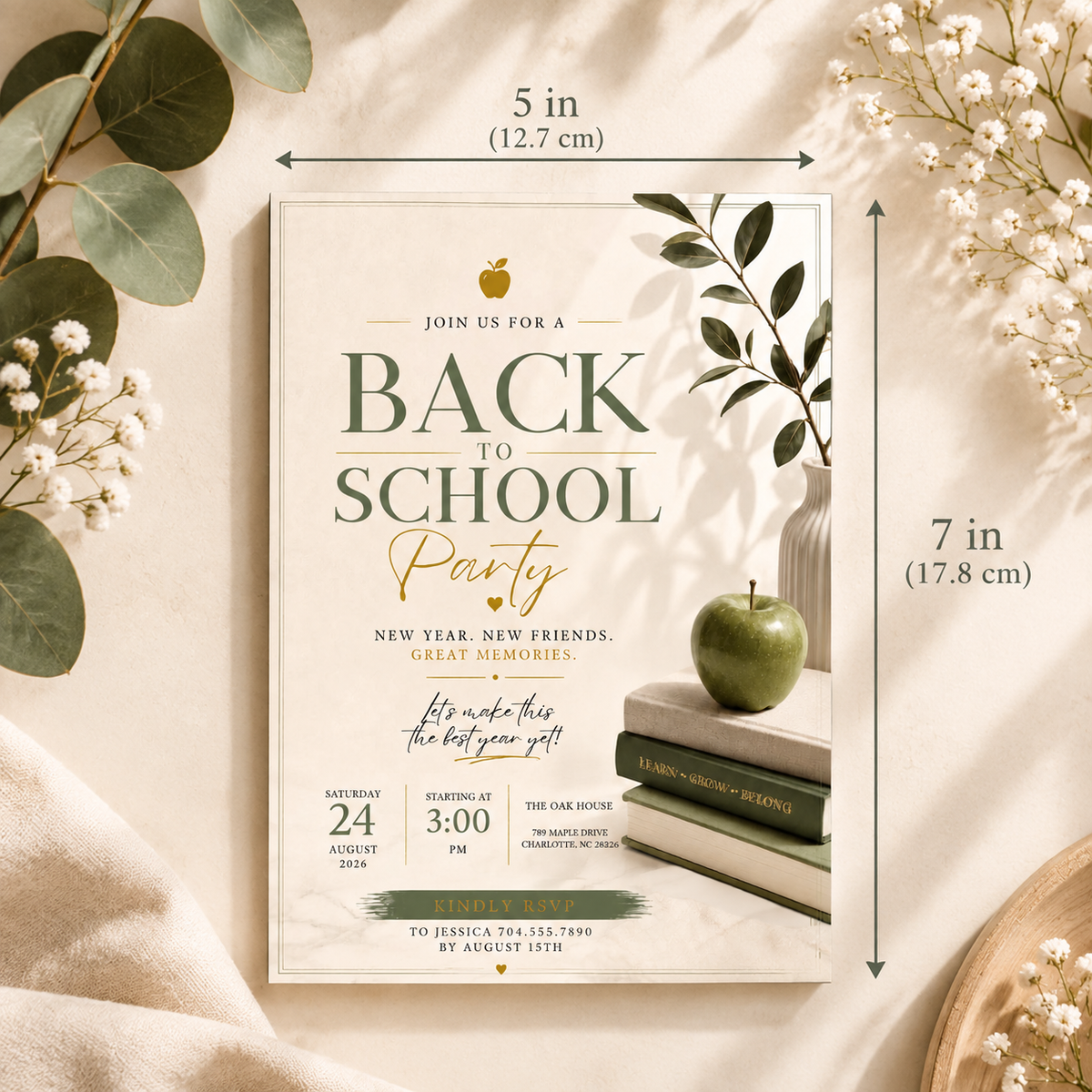 Size: Back To School Party Invitation Sage and Cream, 5x7 inch size guide