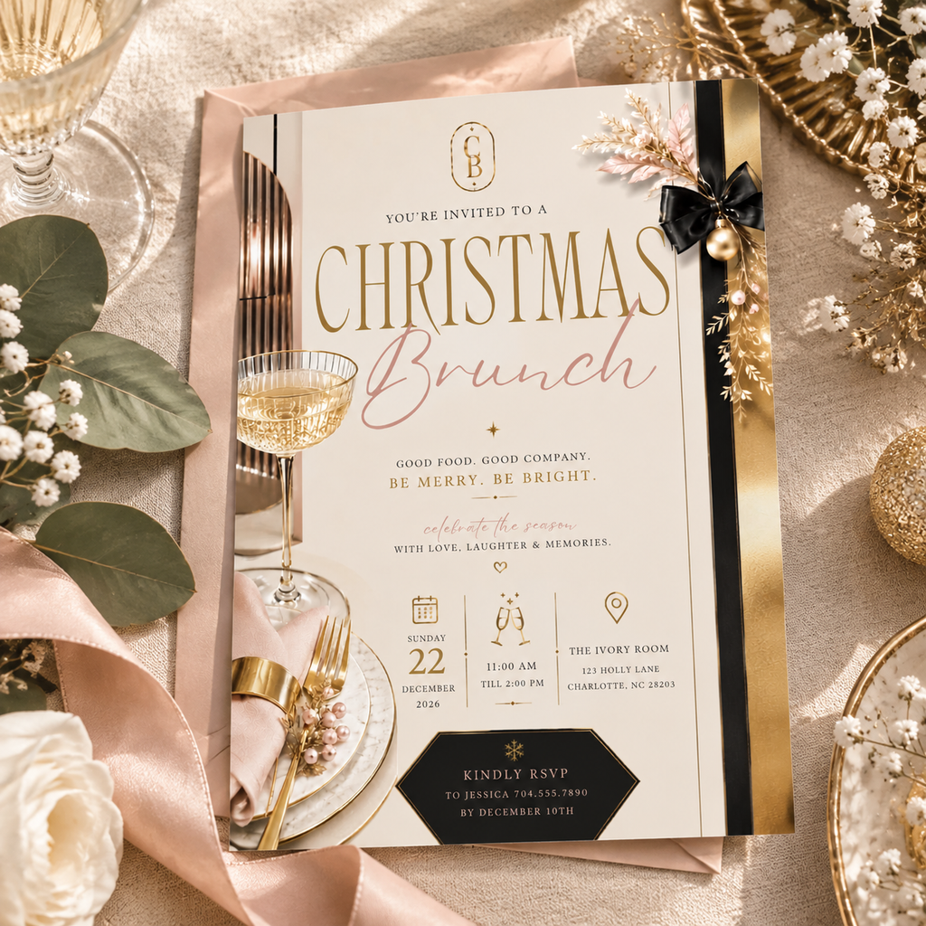 Christmas Brunch Invitation - Cream & Rose Gold