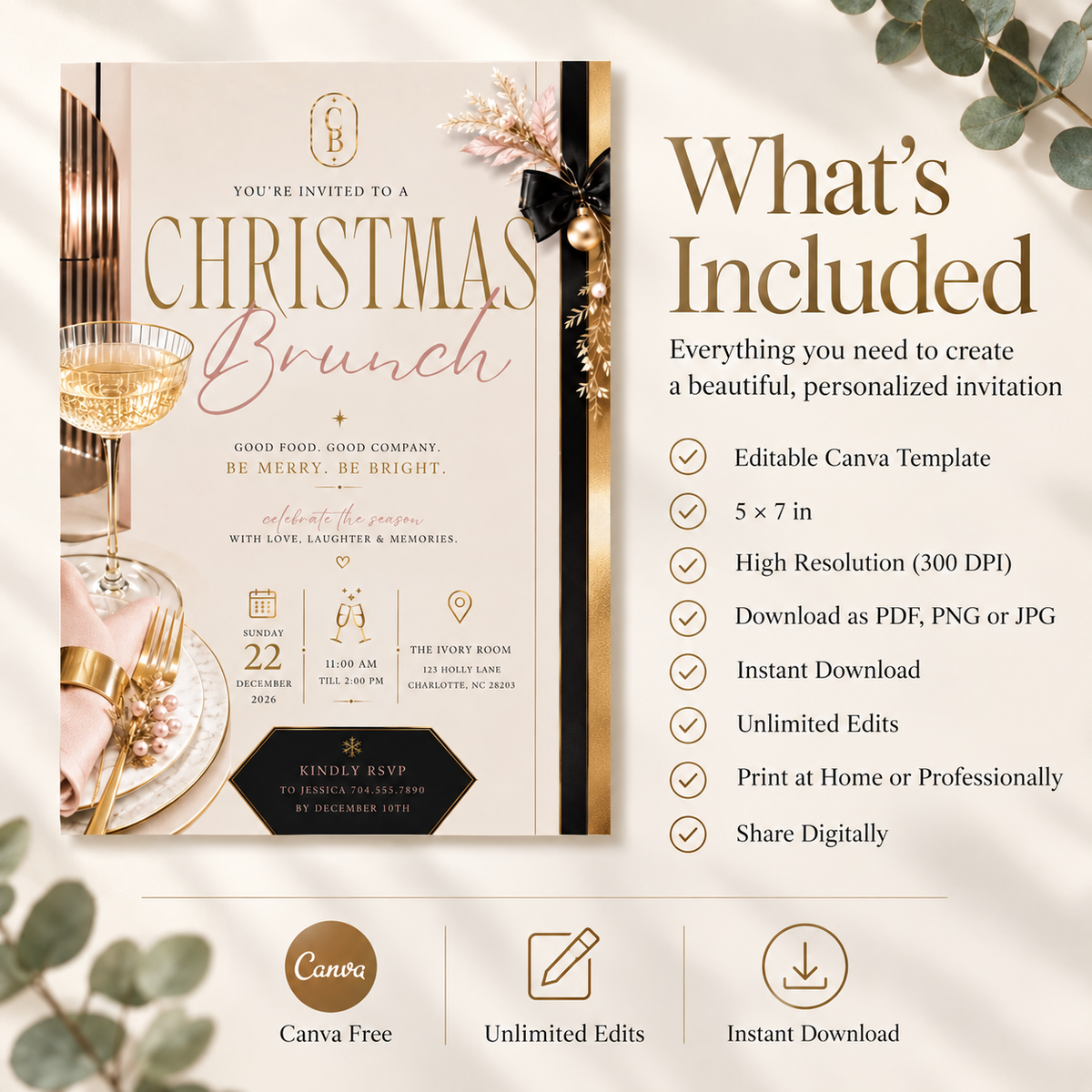 Christmas Brunch Invitation - Cream & Rose Gold